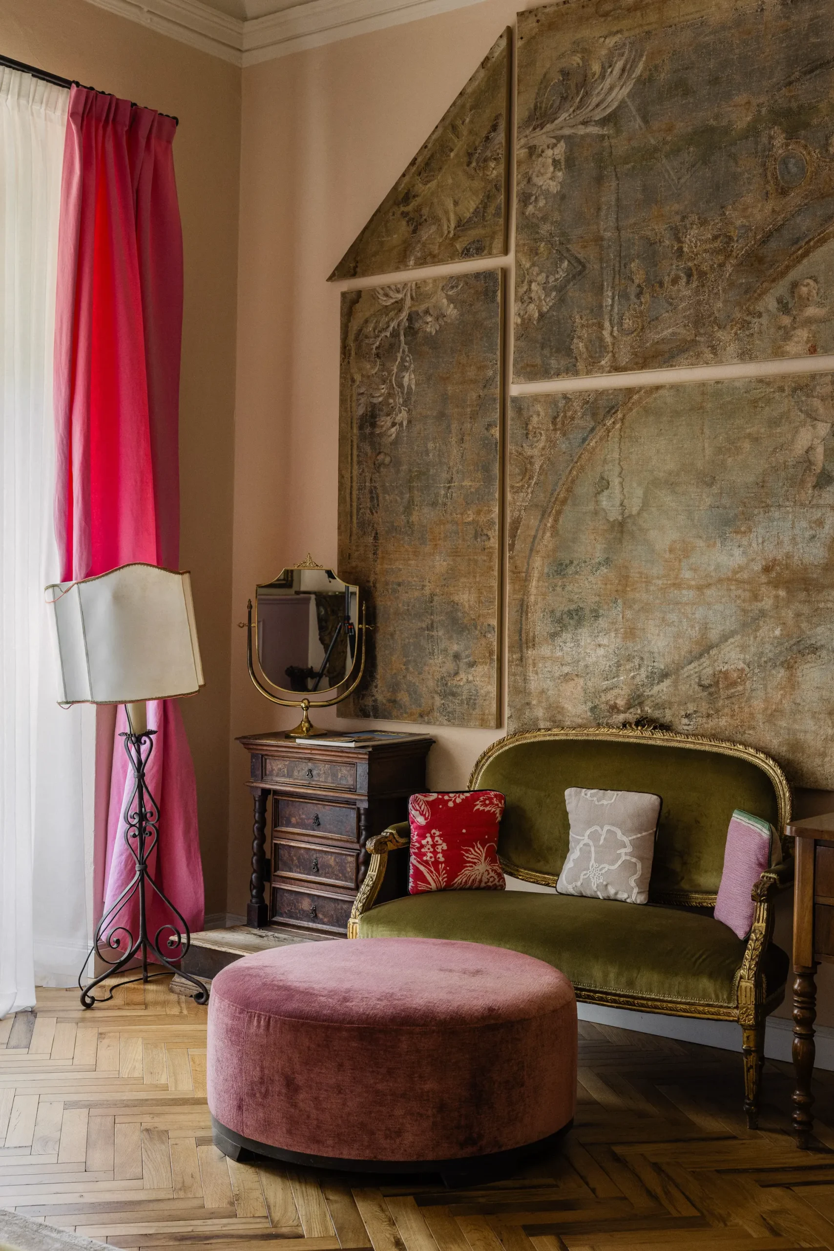 Historic boutique hotel interior at Stella d’Italia Florence with Renaissance architecture, elegant Italian design, warm textures, and atmospheric light.