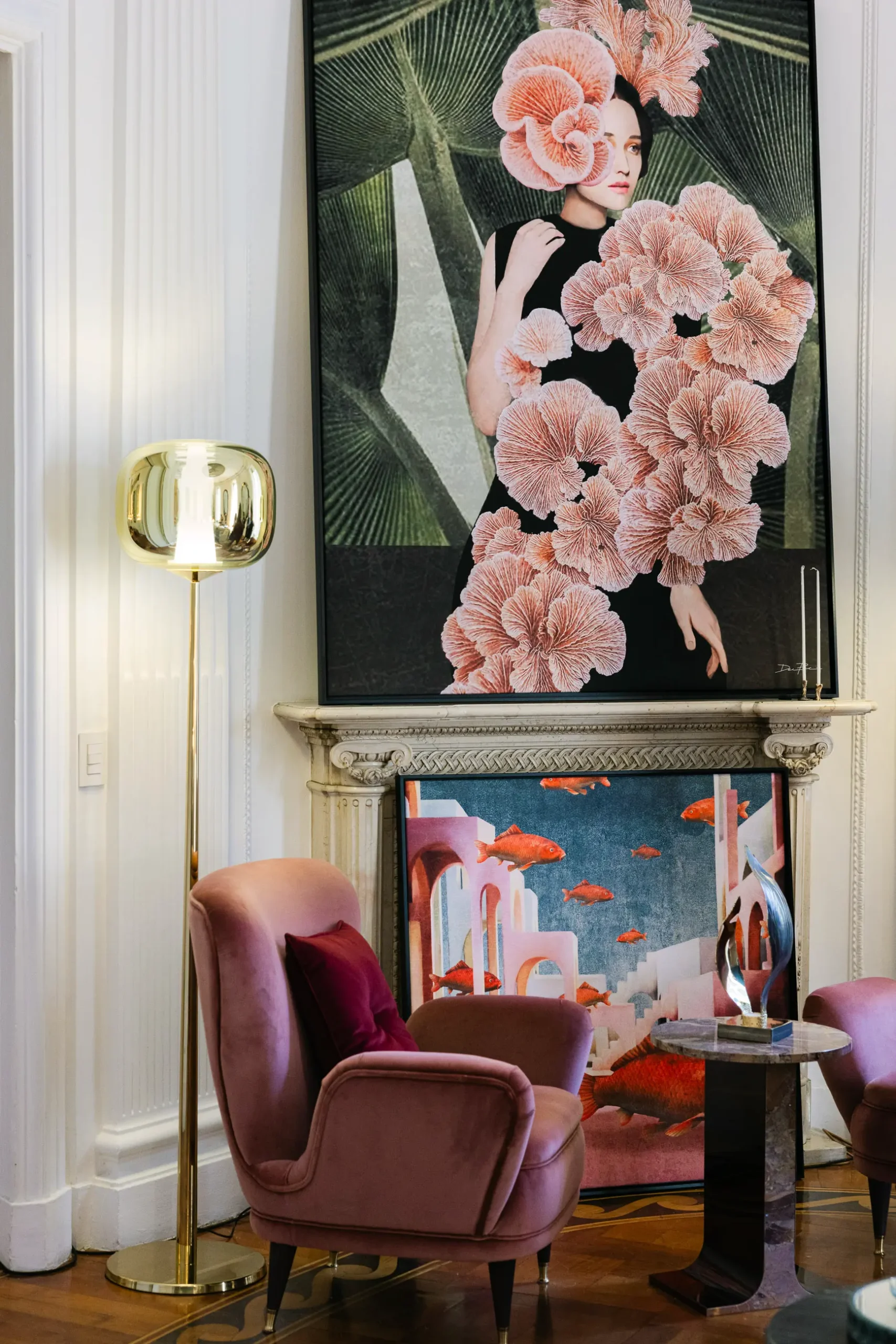 Contemporary interior installation by Artemest in Milan featuring collectible Italian design, sculptural furniture, layered textures, warm tones, and atmospheric natural light.
